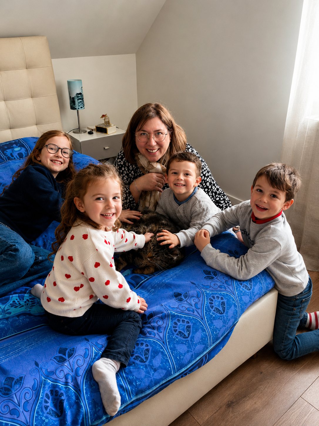 Chrystel entourée de quatre enfants à la maison, lors d'une garde à Colmar